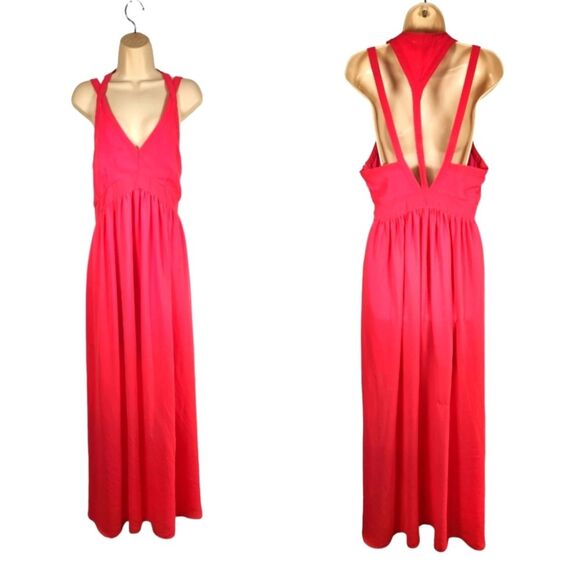 Adelyn Rae Dress Maxi‎ Pink Long Chiffon Backless Halter Flowy Sexy Sheer M - Picture 1 of 11